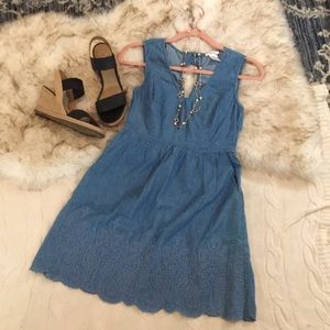 Esley Chambray Denim V-Neck Back Wrap A Line Dress